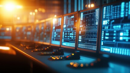 Poster - A power grid control room with high-tech monitors displaying real-time energy flows across circuits