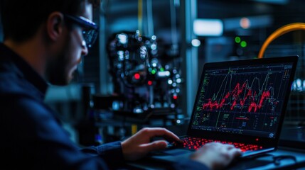 Fototapete - A mechanical engineer testing a robotic prototype using a laptop with real-time diagnostic software displayed
