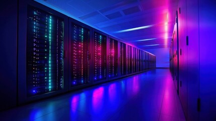 Leinwandbilder - A data center with rows of illuminated servers and technicians monitoring performance on tablets