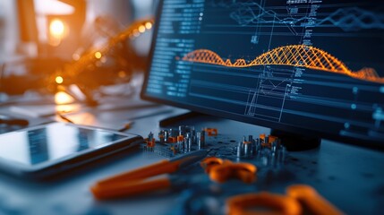 Leinwandbilder - A CAD software interface displaying a 3D model of a bridge design, with a tablet and tools beside the workstation