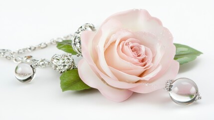 Wall Mural - Elegant Jewelry Accessories with Delicate Pink Rose and Sparkling Crystals on a White Background for Stylish Decoration and Floral Themes