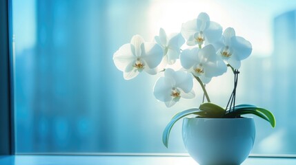 Wall Mural - Elegant White Orchid Blooms in a Modern Setting with Soft Light and Urban Background, Perfect for Home Decor and Nature Inspired Themes