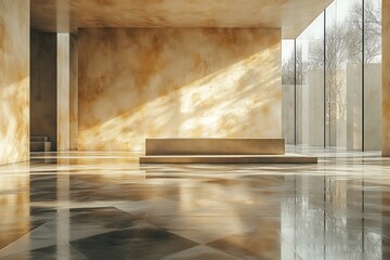 Aufkleber - Minimalist Modern Interior Room with Large Gray Wall and Geometric Patterned Floor in Soft Ambient Light
