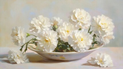 Wall Mural - Elegant Arrangement of White Flowers in Vintage Bowl with Soft Background Ideal for Elegant Home Decor and Floral Art Displays