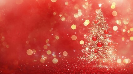 Wall Mural - Christmas Tree With Ornament And Bokeh Lights In Red BackgroundChristmas Tree With Ornament And Bokeh Lights In Red Background