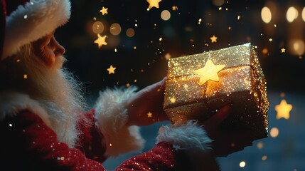 Wall Mural - santa claus opening christmas present with golden stars in nightsanta claus opening christmas presen