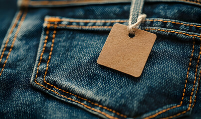 close-up of the back pocket of jeans with a leather brand label on the waist, lying on a wooden table