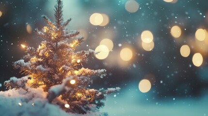 Wall Mural - christmas tree outdoor with snow, lights bokeh around, and snow falling, christmas atmosphere.
