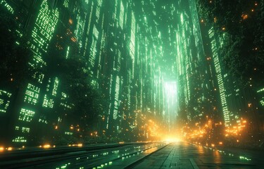 Leinwandbilder - Futuristic Digital Landscape with Binary Code in Neon Green Cyberpunk Aesthetics