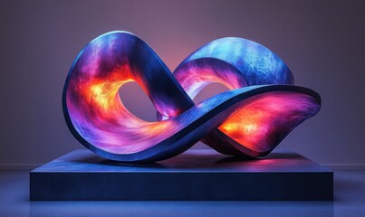 Poster - Futuristic Abstract Sculpture Smooth Curves Spirals Soft Blue Purple Neon Lights Modern Minimalism