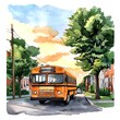 © padungsak - A vibrant watercolor illustration of an orange school bus driving down a tree-lined street at sunset.