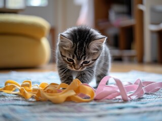 Poster - A curious kitten plays with colorful ribbons. AI.