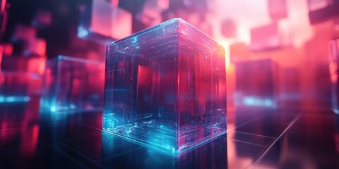 Aufkleber - Futuristic Abstract Composition of Transparent Cubes with Soft Blue and Purple Light