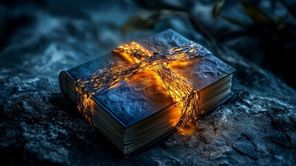 Aufkleber - Mysterious glowing book wrapped in enigmatic energy enchanted forest fantasy artwork nighttime intriguing concept