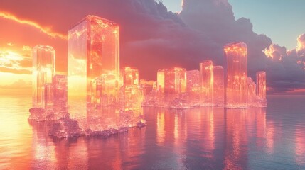 Fototapete - Glittering Animation Background Ethereal Landscape Luminous Floating Prisms Pastel Hues Radiant Glow