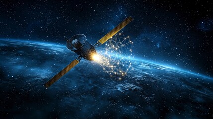 Aufkleber - Satellite in space projecting glowing threads tying earth and cosmos digital art outer space futuristic view