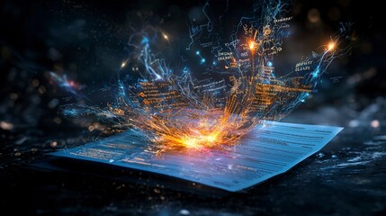 Fototapete - Glowing report sheet ignites digital data explosion virtual environment surreal viewpoint conceptual imagery