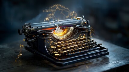 Leinwandbilder - Illuminated typewriter transforms ideas creative studio surreal art dark atmosphere close-up inspiration and imagination
