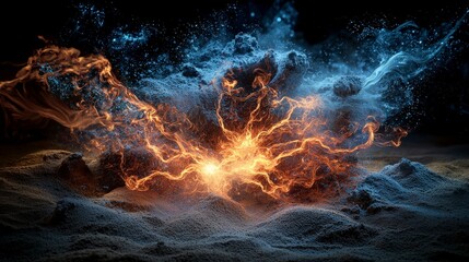 Poster - Dynamic explosion of glowing powder particles abstract studio environment surreal visual art vibrant colors
