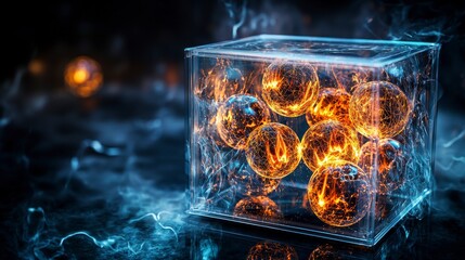 Poster - Glowing orbs in a transparent box digital art futuristic setting close-up view conceptual visualization