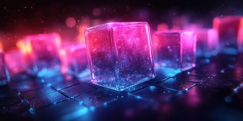 futuristic abstract composition of transparent cubes with blue and purple lights on dark background