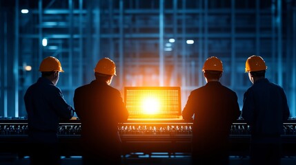 Wall Mural - A group of workers in hard hats observes a glowing screen, surrounded by a modern industrial environment, highlighting technology and teamwork.