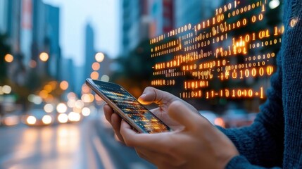 Blurred city lights and person using mobile phone in focus demonstrating digital technology connectivity and communication in modern urban life