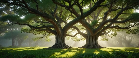 thick and lush green banyan tree in a clearing, green, natural