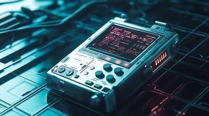 Futuristic handheld device with digital display showing code on a metallic surface.