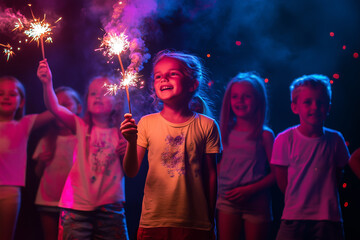 Wall Mural - Children doing firework sparkler. Christmas festive.