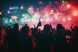 © IMAGINE AI - Silhouette of people are cheering, clinking champagne glasses and celebrating with colorful fireworks in the background.