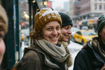 Wall Mural - people, leisure, friendship and lifestyle concept - group of smiling friends having fun on winter street