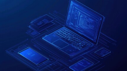 Detailed artwork featuring laptop, tablet, and mobile phones.