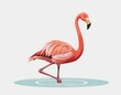 © AiPhotoSale - A vibrant pink flamingo stands tall, its long neck craned towards the right, with a bright yellow beak and soft pink plumage glistening in the water