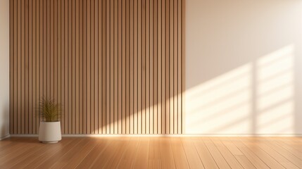 Wall Mural - Minimalist wall with vertical slats in a modern interior space with wooden flooring and natural lighting.