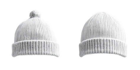 two white knitted winter hats with pom pom isolated on transparent background one hat is displayed front view. the other is side view