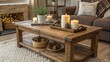 © Justlight - A reclaimed wood coffee table adorned with scented candles and seasonal pinecones serves as a central gathering point enhancing the charming rustic feel of the space.