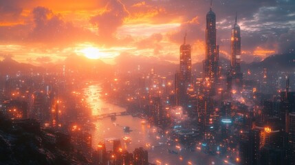 Wall Mural - Futuristic city sunset, glowing skyscrapers, river traffic.