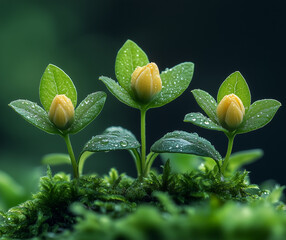 Wall Mural - Seedlings with unbloomed blossoms and dew in spring nature  
