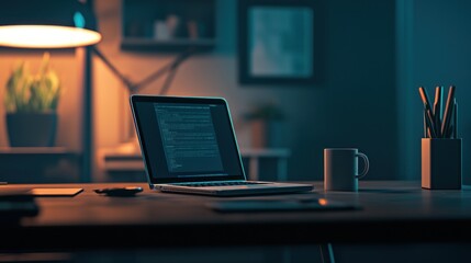 Night Coding Session: Laptop illuminated on a desk with a mug and pencils