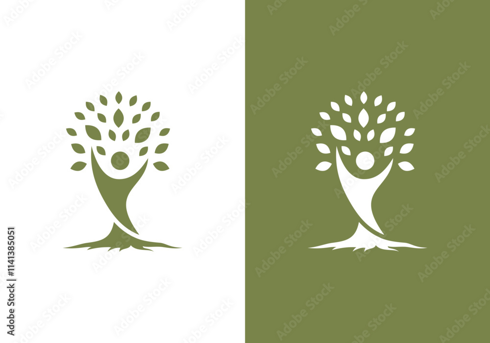 line art nature logo vector design of tree and man or person inside ...