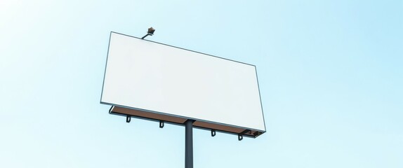 outdoor setting, clear blue sky, white billboard, black metal pole, two black streetlights on top of the billboard, no text or images on the billboard, simple and minim