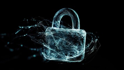 Glowing padlock with network lines on dark background.