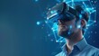© Vilaysack - A man wearing a VR headset experiences a virtual environment, surrounded by digital connections and data visualizations.