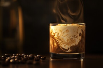 Wall Mural - Creamy coffee beverage in glass with steam, beans.