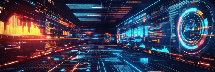 Futuristic digital interface with data streams.