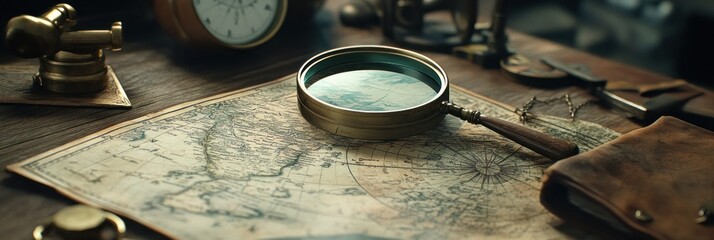 map and vintage tools on wooden desk.