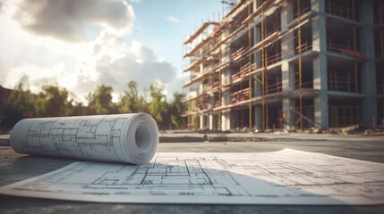 Rolled plans at a construction site with unfinished building behind.