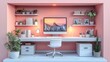 © aritha - A modern workspace featuring a computer, plants, and organized shelves in a soothing color scheme.