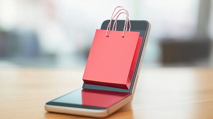 Red shopping bags emerge from a smartphone screen on a wooden surface, symbolizing online shopping.